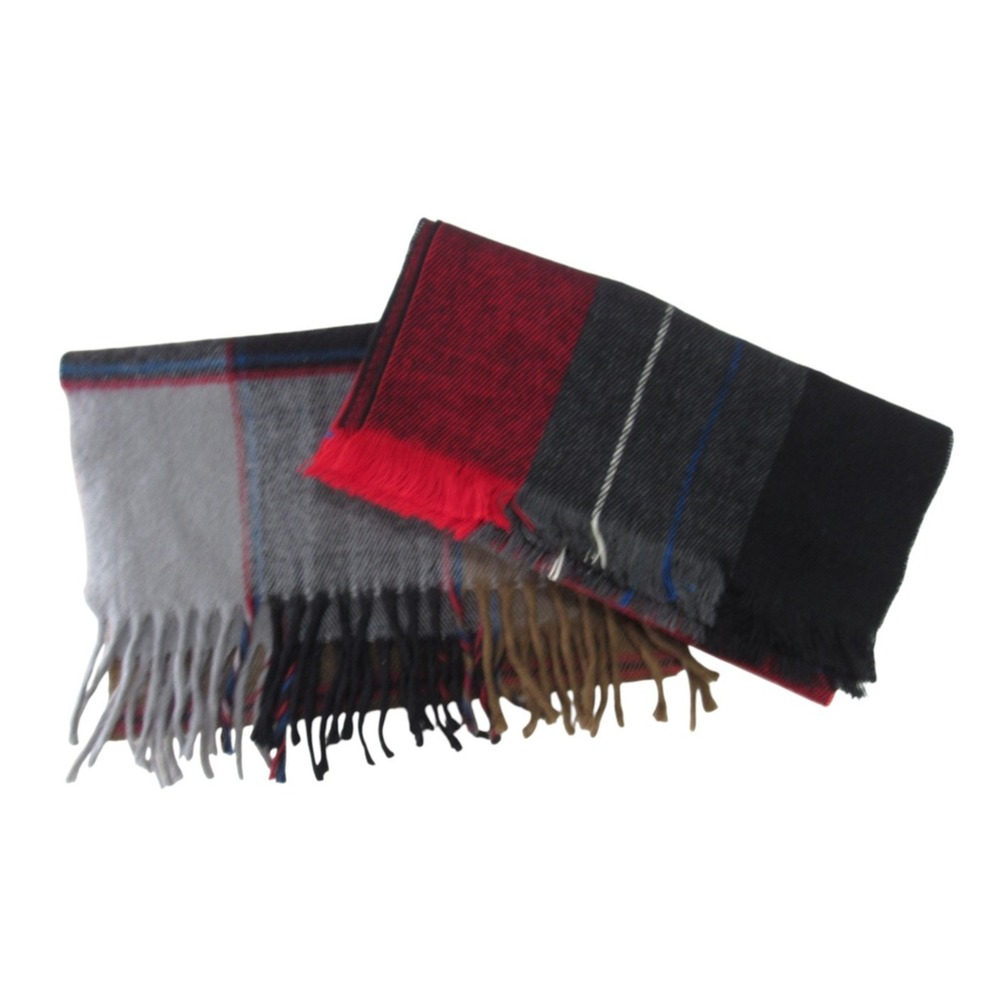 PIERRE CARDIN Lot 2 FINE MUFFLER SCARF Tassel Trim TARTAN PLAID Rectangle
